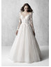 Long Sheer Sleeve Beaded Ivory Sequined Tulle Lace Wedding Dress